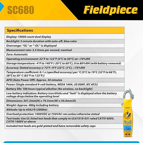 Fieldpiece SC680 Clamp Meter - Wireless Power Multitester for HVACR Professionals - AC/DC Swivel Clamp Meter with Dual Display - HVAC Tools - Image 3