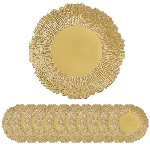 Coloch Set of 12 Plastic Charger Plates, 13" Reusable Reef Serving Chargers for Dinner Plate Round Shiny Decorative Charger Plate for Wedding, Catering, Parties, Restaurant, Home Dinner Use (Gold) - Image 4