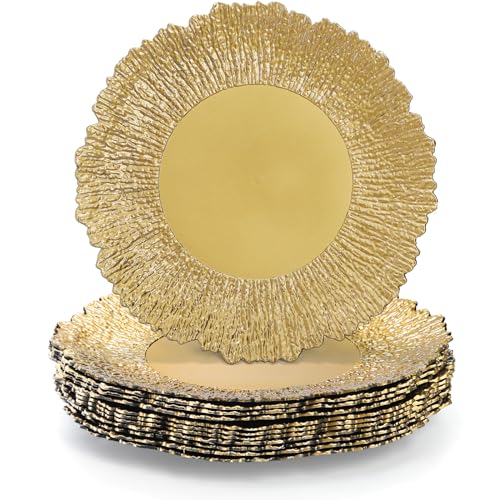 Coloch Set of 12 Plastic Charger Plates, 13" Reusable Reef Serving Chargers for Dinner Plate Round Shiny Decorative Charger Plate for Wedding, Catering, Parties, Restaurant, Home Dinner Use (Gold) - Image 1