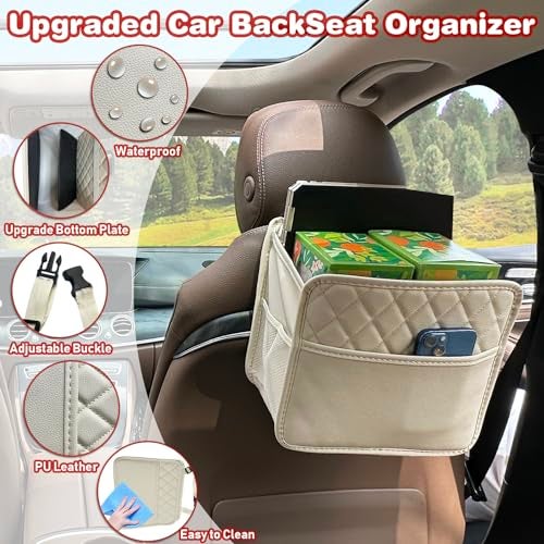 Witaxima Upgrade Car Seat Organizer Backseat with Storage Pockets, Multipurpose Car Organizer Hanging, Car Trash Bag Can,Premium PU Leather Garbage Can 2.14 Gallon Large Capacity Accessories Beige - Image 2