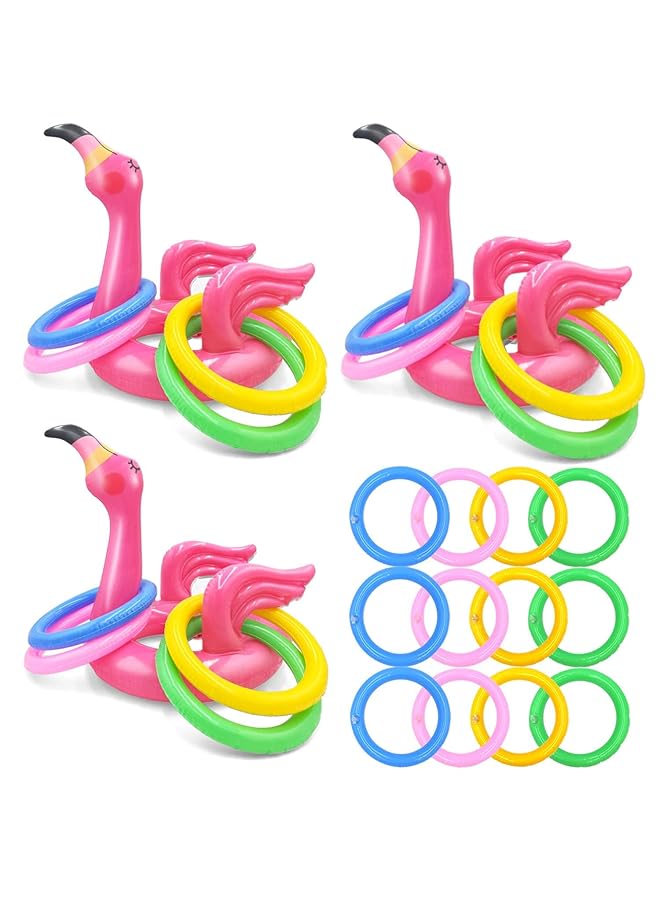 KASTWAVE 3 Pack Flamingo Inflatable Ring Toss Game Pool Party Toys Hats Decoration With 12Pcs Rings For Hawaii Luau Swimming Pool Party Decoration Swimming Pool Beach Party Games (Flamingo) - Image 1
