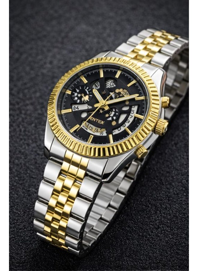 أستون ساعة يد رجالي ASTON ستانلس ستيل لون أسود وذهبي بتصميم فاخر مع عدادات متعددة ومظهر رياضي أنيق للاستخدام اليومي والمناسبات - Image 3