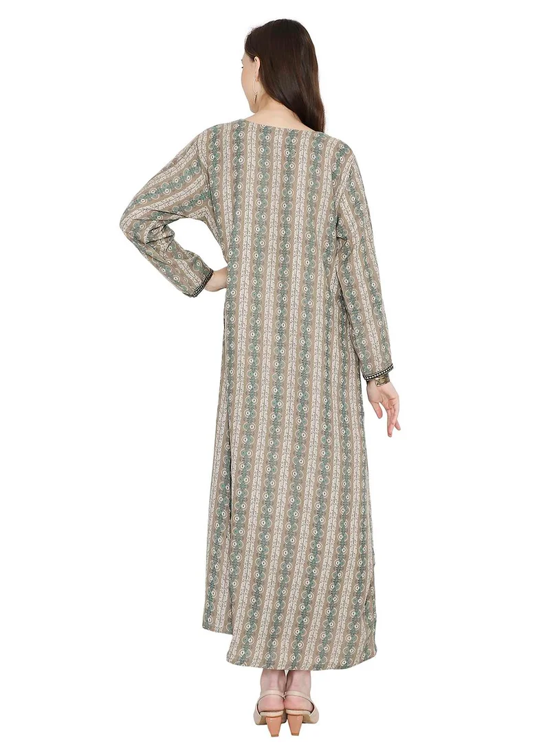 HANA & SARA CREATIVE PRINTED WITH STONE WORK EMBROIDERY CASUAL ARABIC KAFTAN JALABIYA FARASHA DRESS