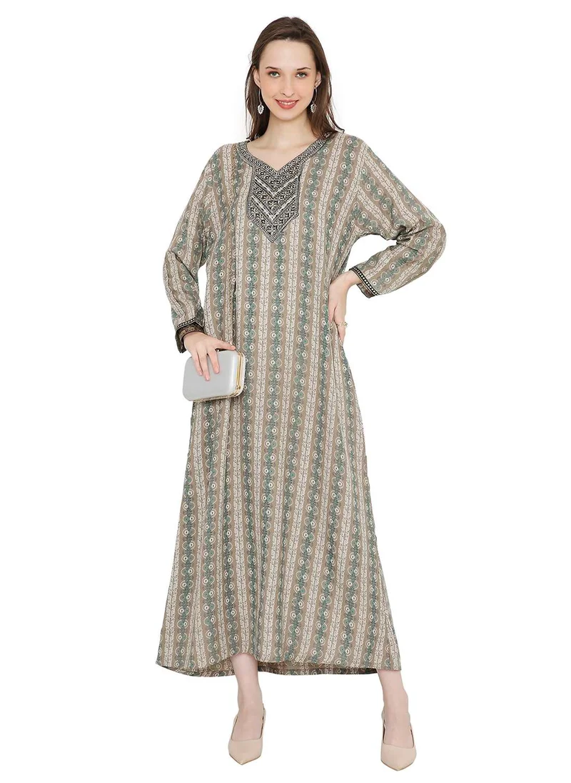 HANA & SARA CREATIVE PRINTED WITH STONE WORK EMBROIDERY CASUAL ARABIC KAFTAN JALABIYA FARASHA DRESS