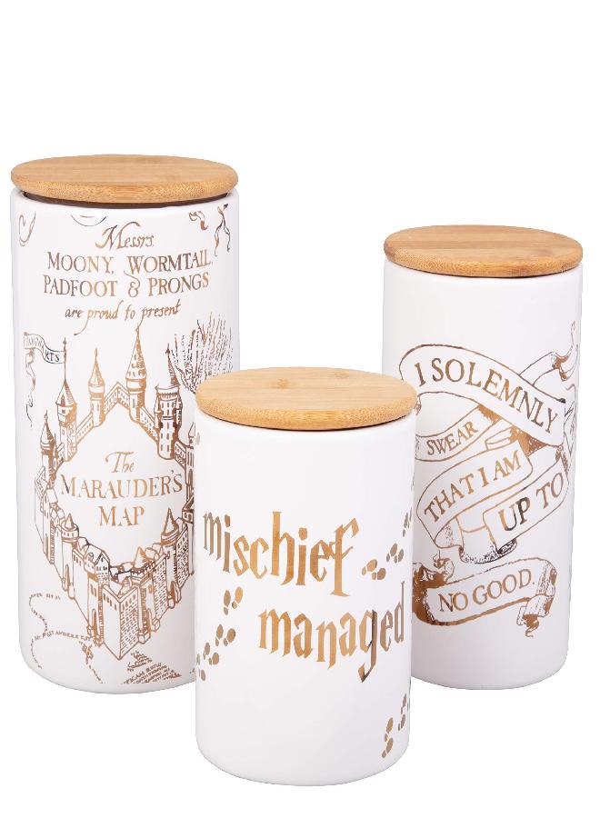 Harry Potter Harry Potter Marauder's Map Porcelain 3 Piece Canister Set - Three Sizes with Gold Marauders Map Design  - Image 1