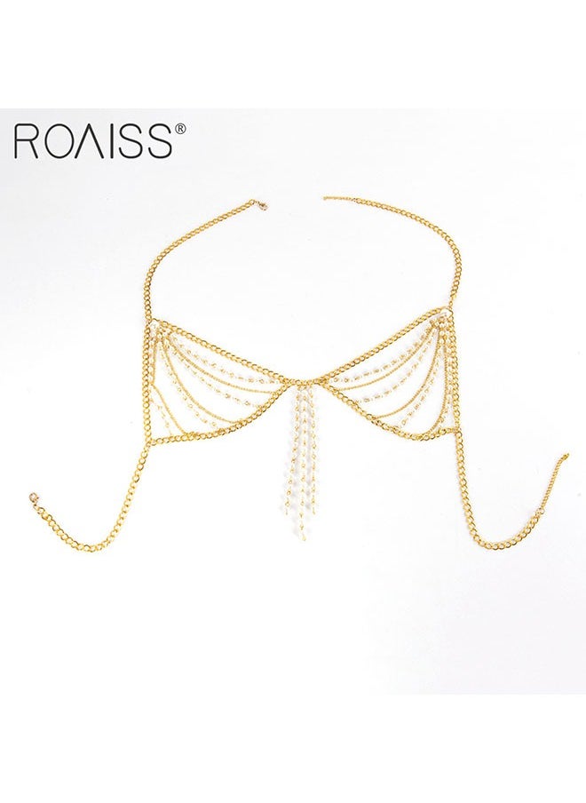 roaiss مجموعة سلاسل جسم نسائية بيكيني سلاسل لؤلؤ وتدلي من الملحقات تعليق الرقبة وسلسلة الكتف وسلسلة الخصر متعددة الطبقات  - Image 5