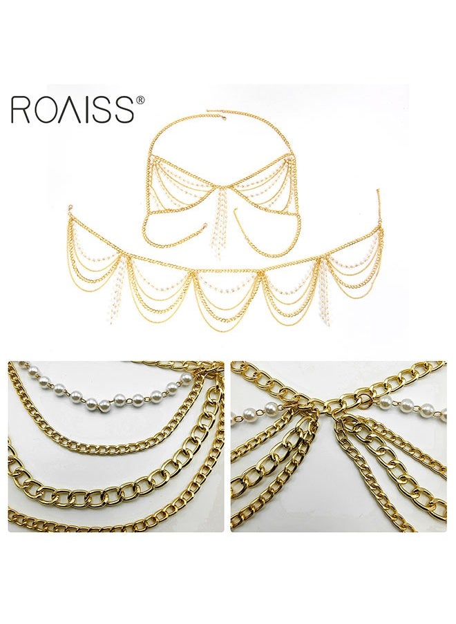 roaiss مجموعة سلاسل جسم نسائية بيكيني سلاسل لؤلؤ وتدلي من الملحقات تعليق الرقبة وسلسلة الكتف وسلسلة الخصر متعددة الطبقات  - Image 4