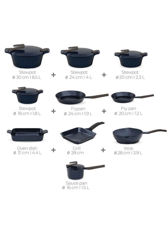 بيريكس 24-Piece Granite Cookware Set: Pots (18-20-24-30), Frying Pan (20-24), Casserole Dish (31), Grill Pan (28), Wok (28), Saucepan (16), 4 Tongs, 5 Serving Utensils, And A Free Plunger Whisk (Navy Blue). Midnight Blue - Image 2