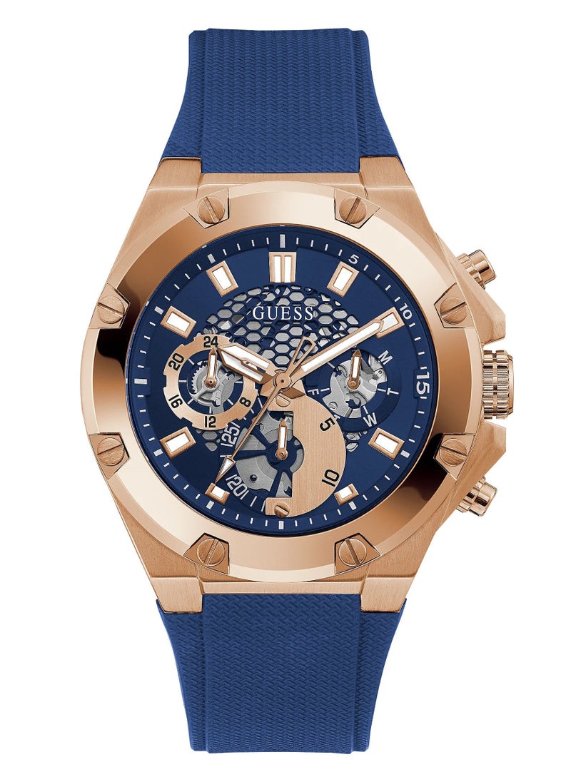 GUESS ساعة جيس للرجال بهيكل ذهبي وردي وسوار سيليكون أزرق GW0334G3  - Image 1