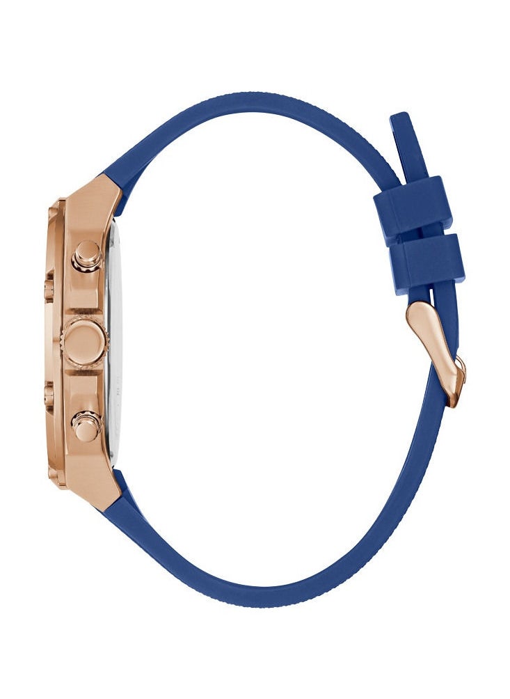 GUESS ساعة جيس للرجال بهيكل ذهبي وردي وسوار سيليكون أزرق GW0334G3  - Image 4