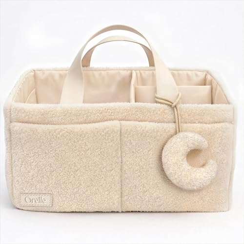 Orelle Boucl Diaper Caddy Organizer with Matching Pouch Moon Pendant Teddy Portable Changing Table Organizer MustHave Baby Shower Gifts Cream - Image 1