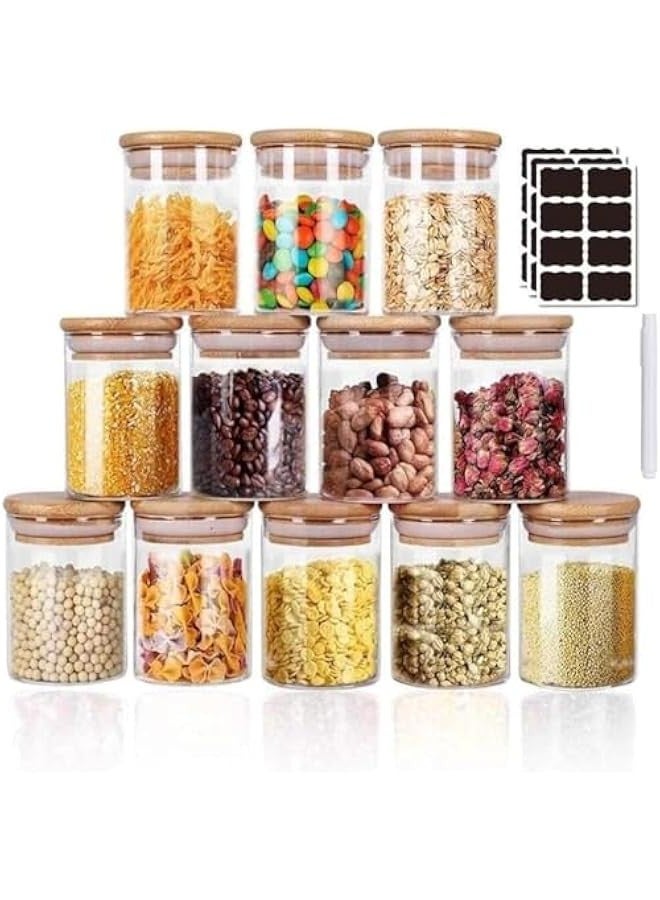 TRASSLE 12 Piece 300ML Glass Jars Set,Upgrade Spice Jars with Wood Airtight Lids and Labels, Small Food Storage Containers for Home Kitchen, Tea, Herbs, Sugar, Salt, Coffee, Flour, Herbs, Grains  - Image 1