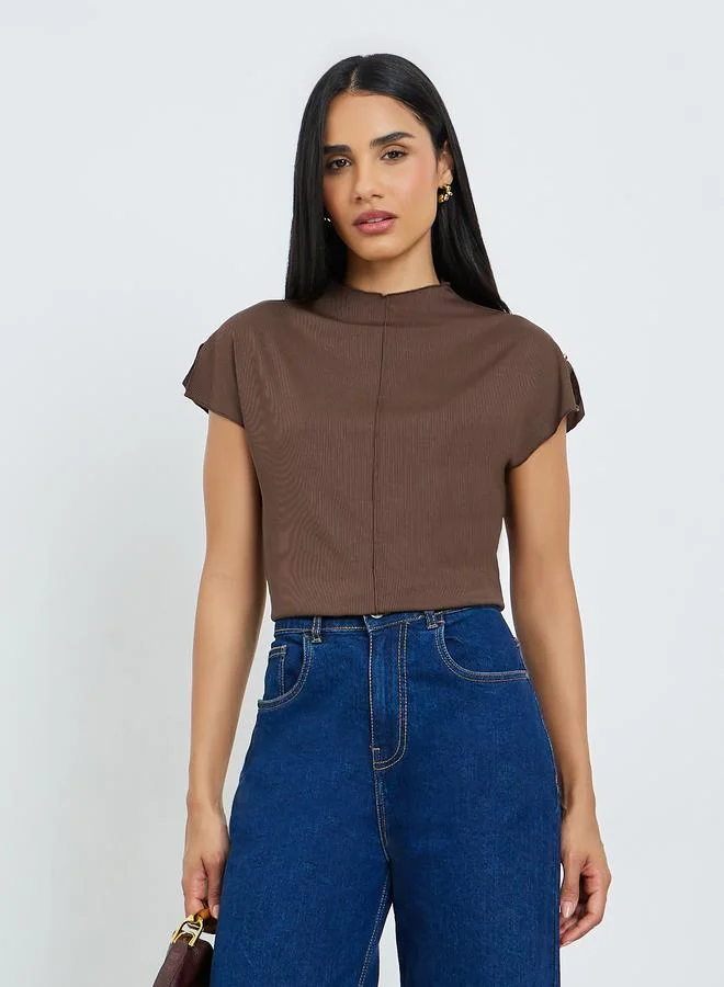 Styli Brown Ribbed High Neck T-Shirt