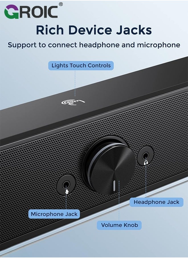 GROIC - Computer Speakers, HiFi Stereo Computer Sound Bar, USB Powered PC Speakers with RGB Lights, 3.5mm Aux-in Wired Computer Speakers for PC, Desktop, Laptop, Monitor, Gaming - Image 1