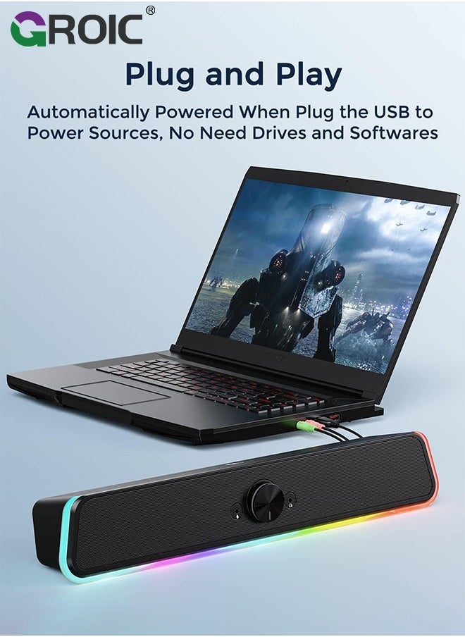 GROIC - Computer Speakers, HiFi Stereo Computer Sound Bar, USB Powered PC Speakers with RGB Lights, 3.5mm Aux-in Wired Computer Speakers for PC, Desktop, Laptop, Monitor, Gaming - Image 1
