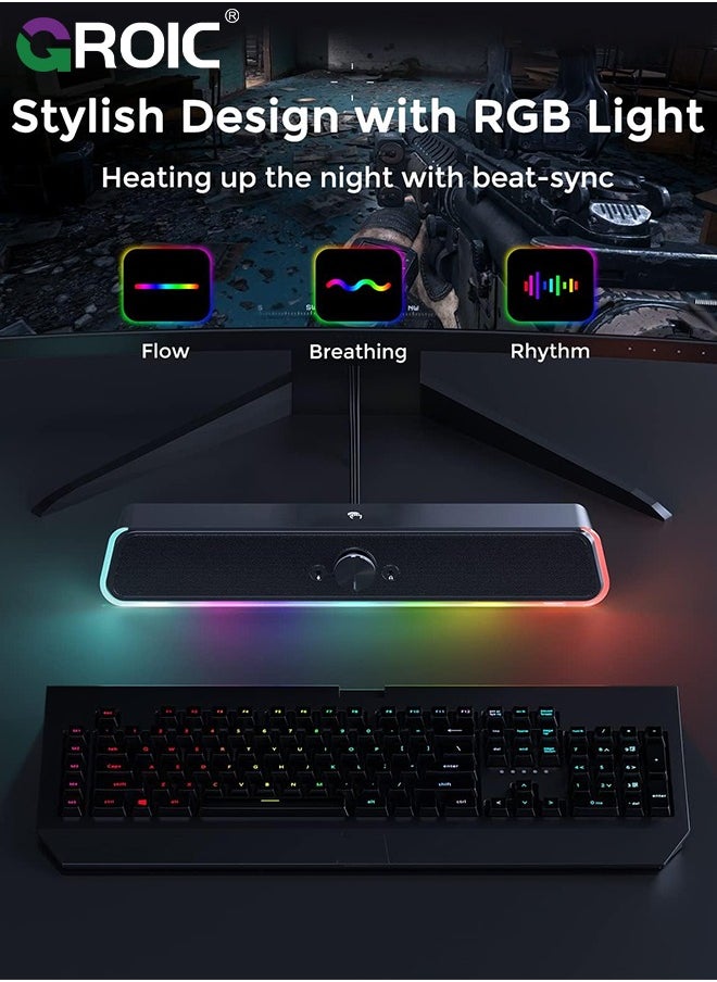 GROIC - Computer Speakers, HiFi Stereo Computer Sound Bar, USB Powered PC Speakers with RGB Lights, 3.5mm Aux-in Wired Computer Speakers for PC, Desktop, Laptop, Monitor, Gaming - Image 1