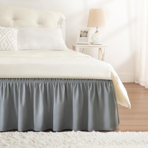 RIMELA Gray King Size Bed Skirt 15 Inch Drop, Elastic Bed Skirting Cal King, Light Grey Bedskirt for Adjustable Bed Base and Frame, Lightweight Wrap Around Dust Ruffle - Image 1