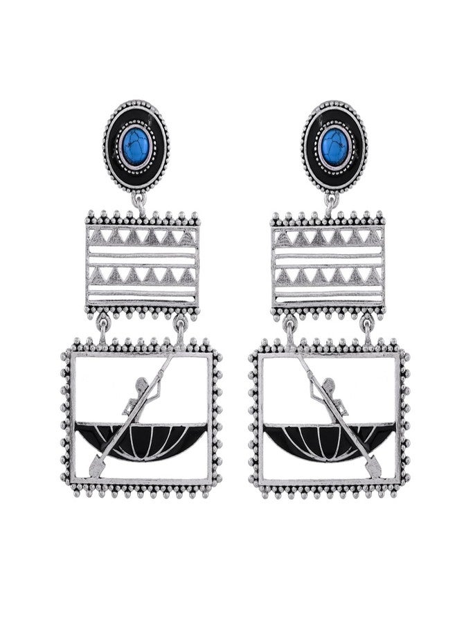 Voylla Warli Nandiyaan Ke Paar Oxidised Dangler Earrings for Women Enamel Ethnic Earrings Womens Day Gift for Her Tribal Jewellery Statement Earrings - Image 4