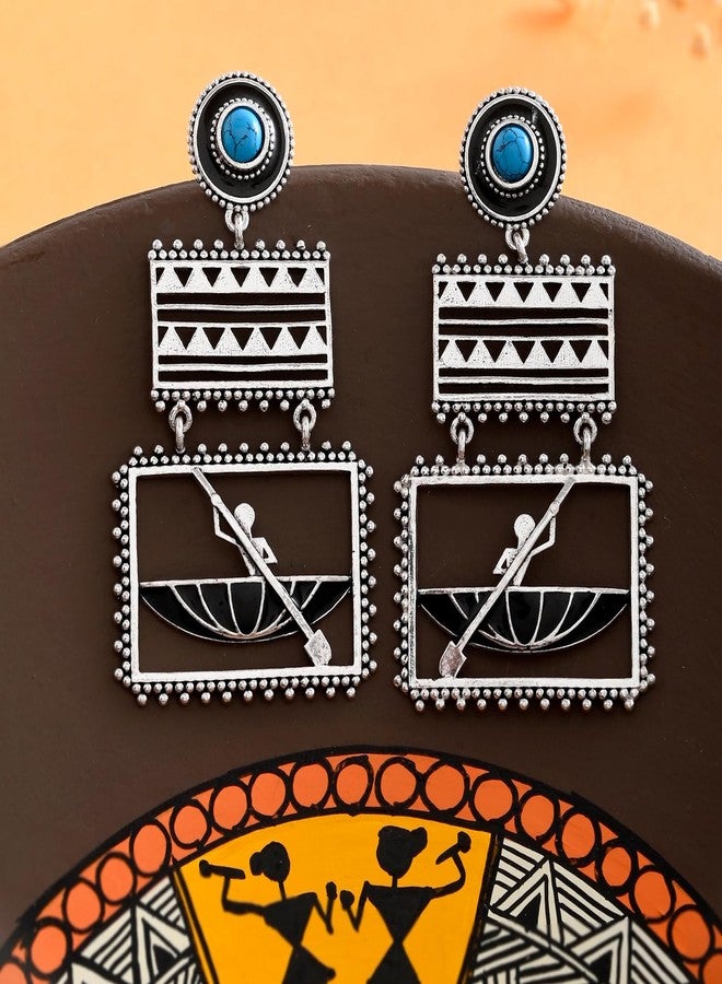 Voylla Warli Nandiyaan Ke Paar Oxidised Dangler Earrings for Women Enamel Ethnic Earrings Womens Day Gift for Her Tribal Jewellery Statement Earrings - Image 2