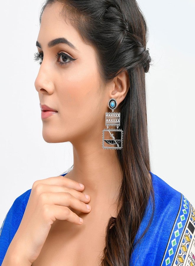 Voylla Warli Nandiyaan Ke Paar Oxidised Dangler Earrings for Women Enamel Ethnic Earrings Womens Day Gift for Her Tribal Jewellery Statement Earrings - Image 3