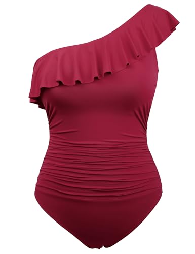 Hilor Women's Tummy Control Swimsuits Flattering One Shoulder Bathing Suits Asymmetric Modest Swimwear Red 6 - Image 1
