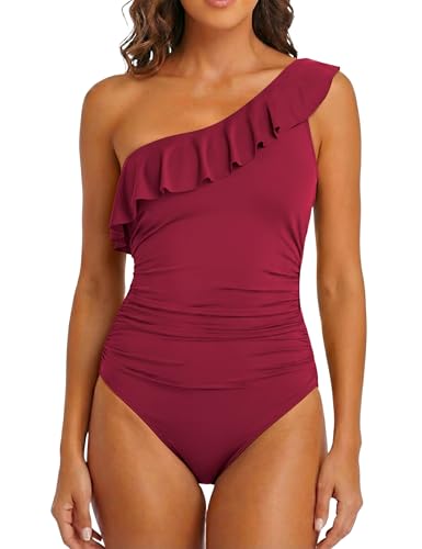 Hilor Women's Tummy Control Swimsuits Flattering One Shoulder Bathing Suits Asymmetric Modest Swimwear Red 6 - Image 4