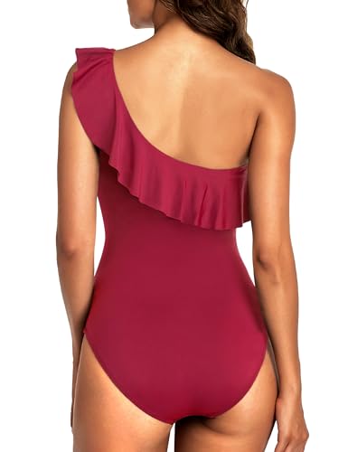Hilor Women's Tummy Control Swimsuits Flattering One Shoulder Bathing Suits Asymmetric Modest Swimwear Red 6 - Image 5
