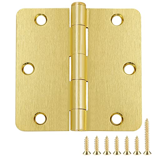 JIW Door Hinges Satin Brass 3.5 Inch x 3.5" Interior Gold Door Hinges for Doors 12 Pack 1/4" Radius Corners Bedroom Residential Standard Indoor Door Hardware Hinge - Image 1