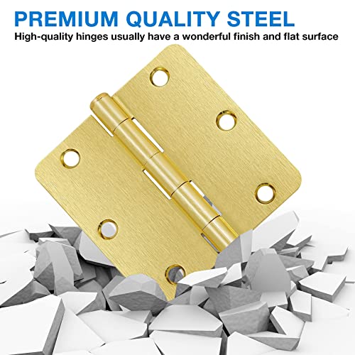JIW Door Hinges Satin Brass 3.5 Inch x 3.5" Interior Gold Door Hinges for Doors 12 Pack 1/4" Radius Corners Bedroom Residential Standard Indoor Door Hardware Hinge - Image 5