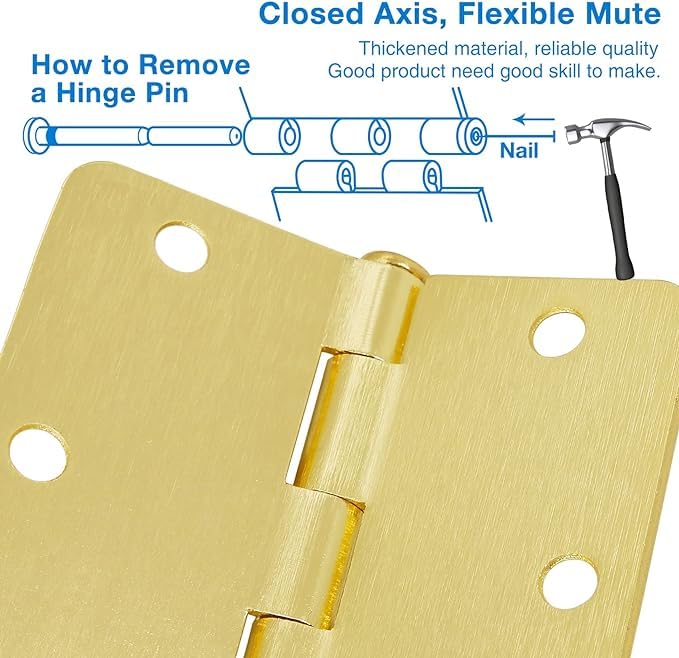 JIW Door Hinges Satin Brass 3.5 Inch x 3.5" Interior Gold Door Hinges for Doors 12 Pack 1/4" Radius Corners Bedroom Residential Standard Indoor Door Hardware Hinge - Image 4