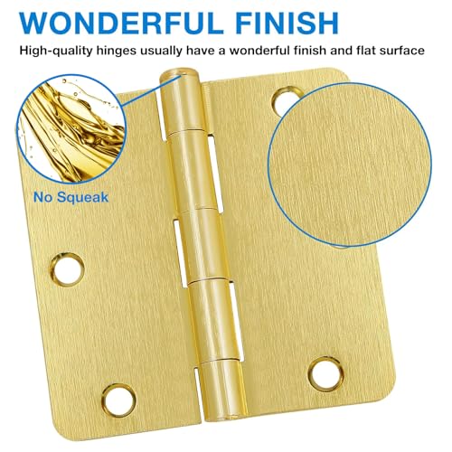 JIW Door Hinges Satin Brass 3.5 Inch x 3.5" Interior Gold Door Hinges for Doors 12 Pack 1/4" Radius Corners Bedroom Residential Standard Indoor Door Hardware Hinge - Image 3