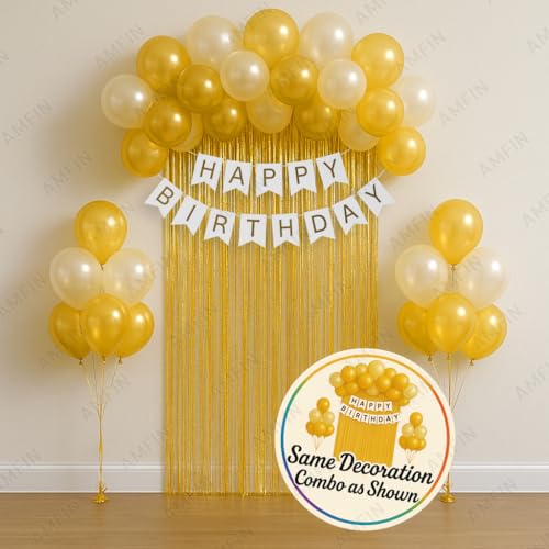 AMFIN (Pack of 34) Backdrop Bliss Birthday Decoration DIY Kit with Balloons, Fringe Curtain and Banner - White & Gold - Image 2