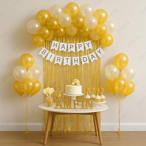 AMFIN (Pack of 34) Backdrop Bliss Birthday Decoration DIY Kit with Balloons, Fringe Curtain and Banner - White & Gold - Image 1