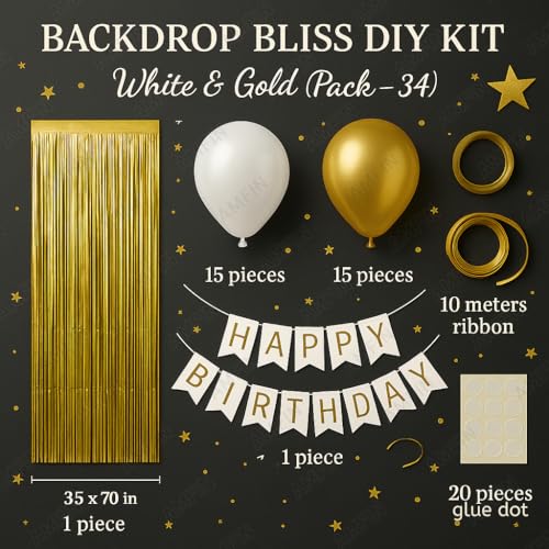 AMFIN (Pack of 34) Backdrop Bliss Birthday Decoration DIY Kit with Balloons, Fringe Curtain and Banner - White & Gold - Image 3