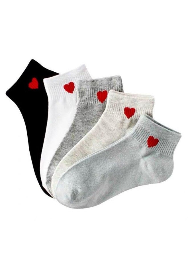 5 Pairs Women Short Socks Red Heart Cute College Comfortable Female Socks Soft Cotton Spring Summer Autumn Girls Sock Meias Sox