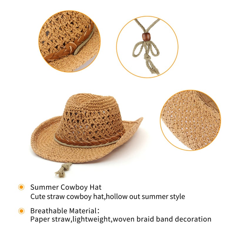 GEMVIE Baby Toddler Kids Sun Straw Western Cowboy Hat Wide Brim with Chin Strap (Khaki) - Image 5