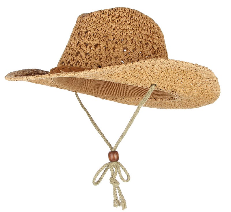 GEMVIE Baby Toddler Kids Sun Straw Western Cowboy Hat Wide Brim with Chin Strap (Khaki) - Image 1