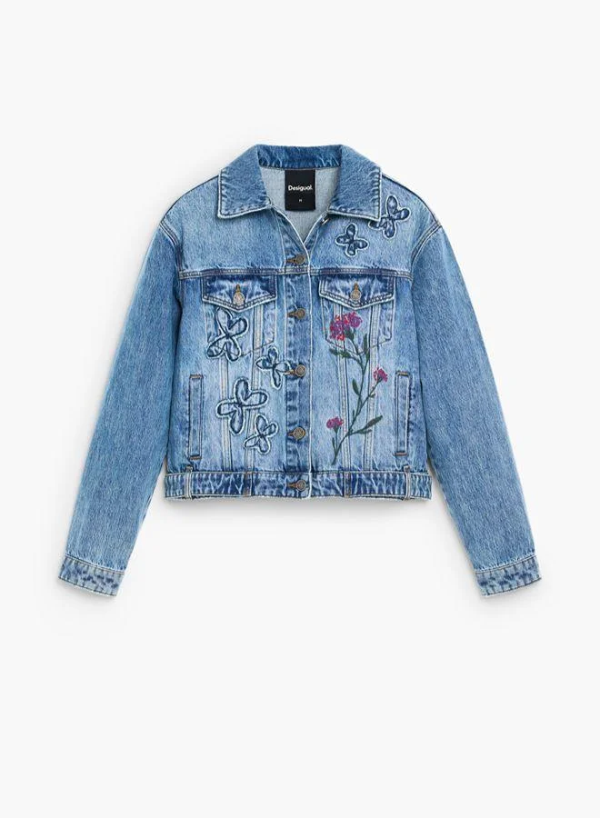 Desigual Blue Embroidered denim jacket 100% cotton for Women | Best Price UAE