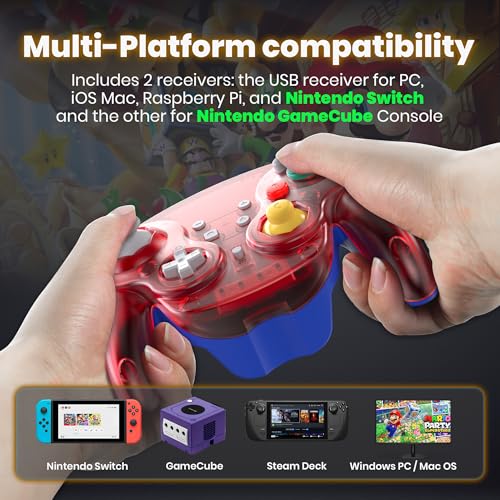 SAFFUN 2 Pack 2.4 GHz Wireless GameCube Switch2 Pro Controller, for NGC GameCube Console, Switch/Switch OLED/ Switch2, PC, Steam Deck, PC (Built-in Rumble) (Rechargeable) (Plug and Play) Clear Red - Image 5