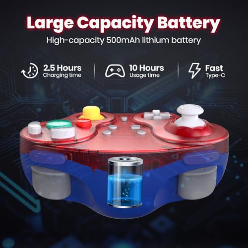 SAFFUN 2 Pack 2.4 GHz Wireless GameCube Switch2 Pro Controller, for NGC GameCube Console, Switch/Switch OLED/ Switch2, PC, Steam Deck, PC (Built-in Rumble) (Rechargeable) (Plug and Play) Clear Red - Image 4