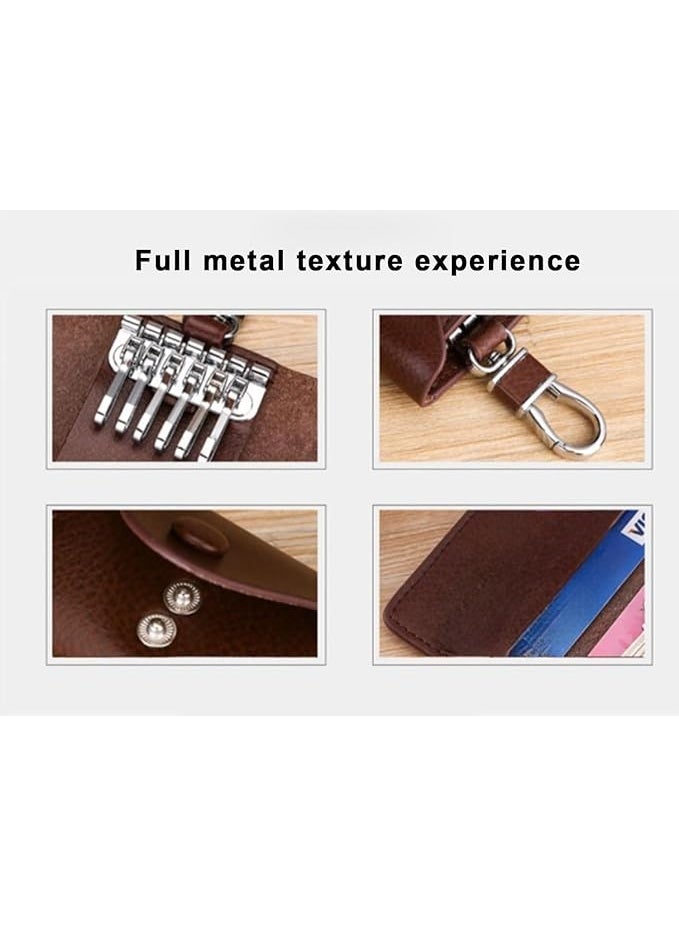 Leather Car Key Holder Case with 6 Key Chains, 11 x 7 x 2 cm, Card Slot, 2-Pack, Brown and Black - Image 2
