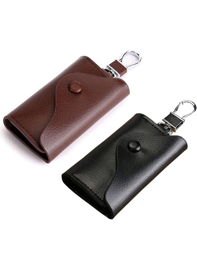 Leather Car Key Holder Case with 6 Key Chains, 11 x 7 x 2 cm, Card Slot, 2-Pack, Brown and Black - Image 1