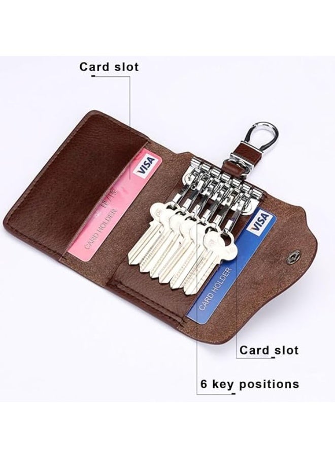 Leather Car Key Holder Case with 6 Key Chains, 11 x 7 x 2 cm, Card Slot, 2-Pack, Brown and Black - Image 4