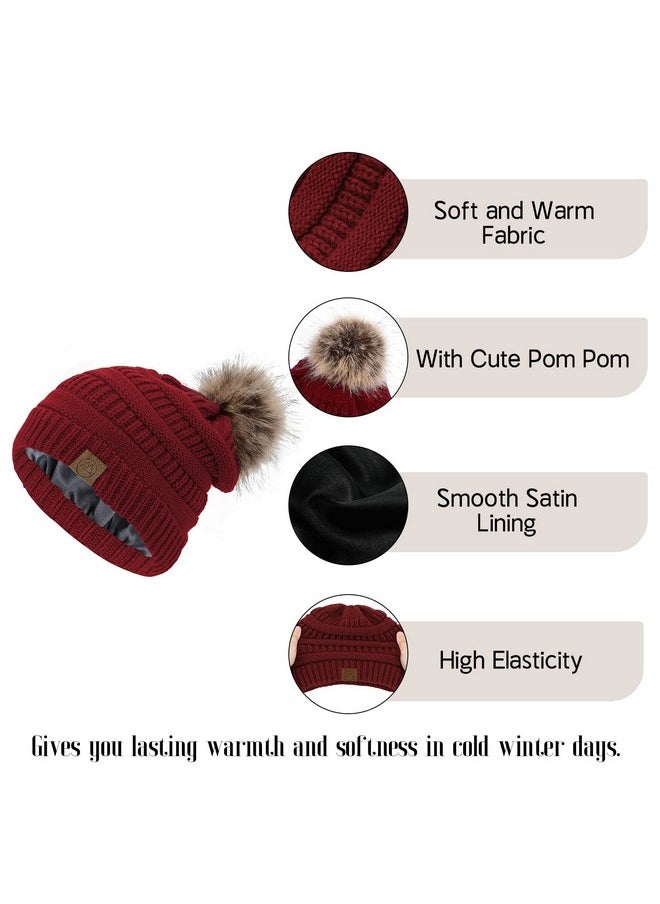 American Trends - Winter Hats For Women Satin Lined Slouchy Beanie With Pom Pom Silk Lined Beanie Winter Hat Unique Gifts For Women Olive Green - Image 1