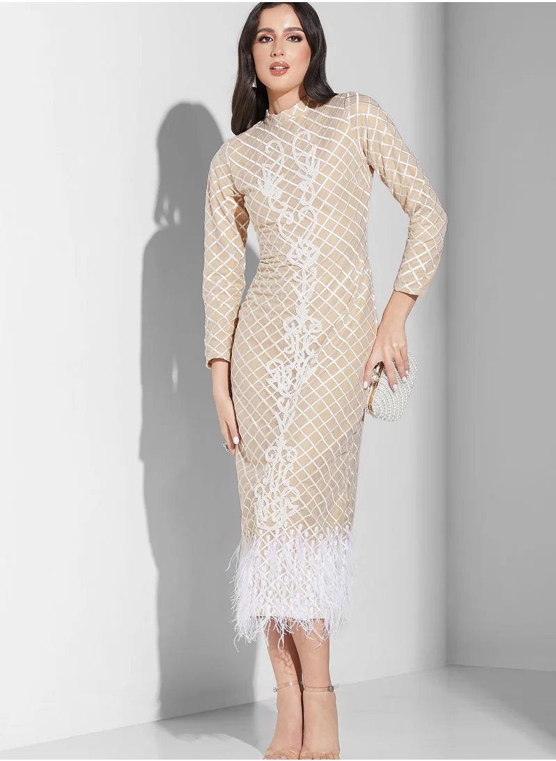 Threadz by Ajooni Embroidered Fur Hem Dress