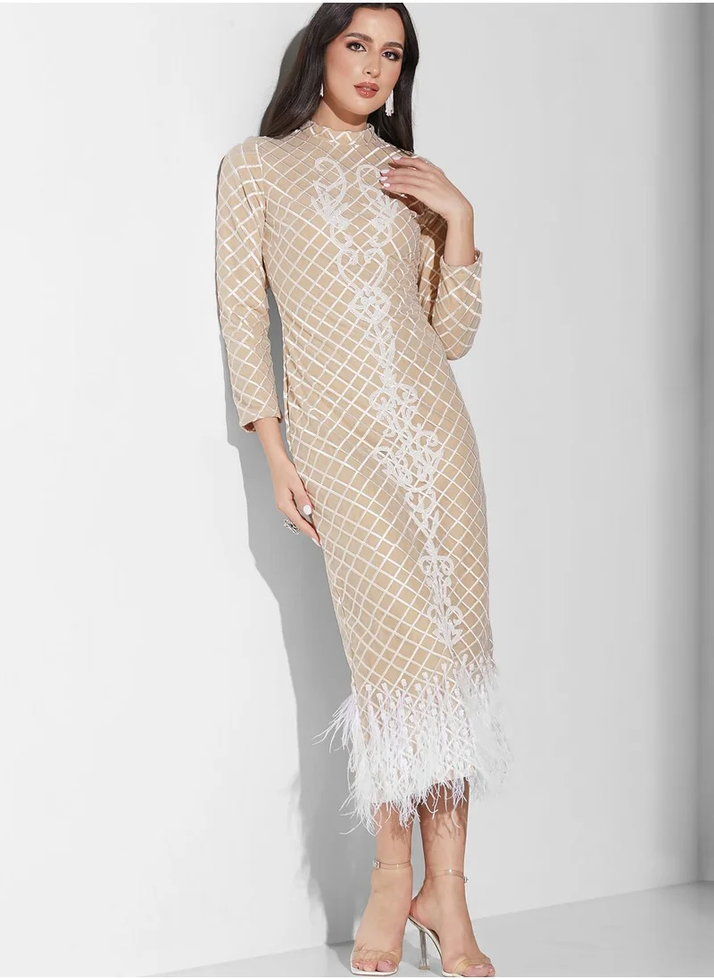 Threadz by Ajooni Embroidered Fur Hem Dress