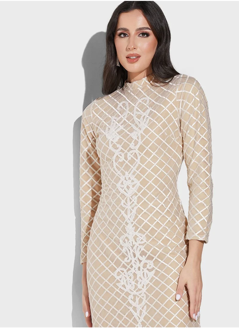 Threadz by Ajooni Embroidered Fur Hem Dress