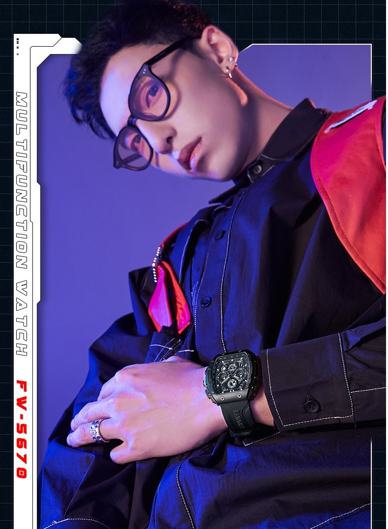 Mark Fairwhale New Multifunctional Sports Luminous Quartz WristWatch Silicone strap Waterproof Tonneau shape Watch For Men