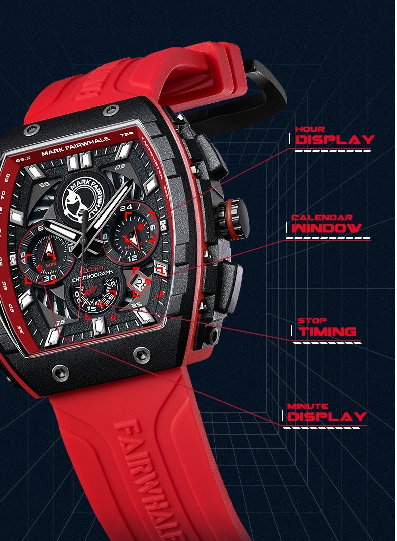 Mark Fairwhale New Multifunctional Sports Luminous Quartz WristWatch Silicone strap Waterproof Tonneau shape Watch For Men