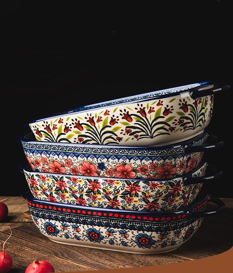 Bicuzat Vintage Style Pottery Bakeware Ceramic Casserole Dish Baking Pan Lasagna Pans Baking Dish with Handles for Oven/Cooking/Kitchen-1 PCS, Large Capacity, 60 OZ - Image 5